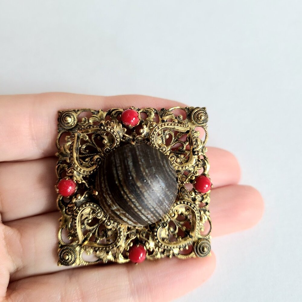 Vintage Czech square gold tone filigree brooch with brown central piece.